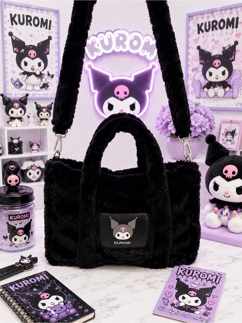 Kuromi Plush Faux Fur Tote Bag Kawaii Goth Shoulder Crossbody Purse NWOT